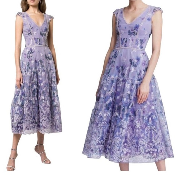 Marchesa Notte Floral Embroidered Midi Dress